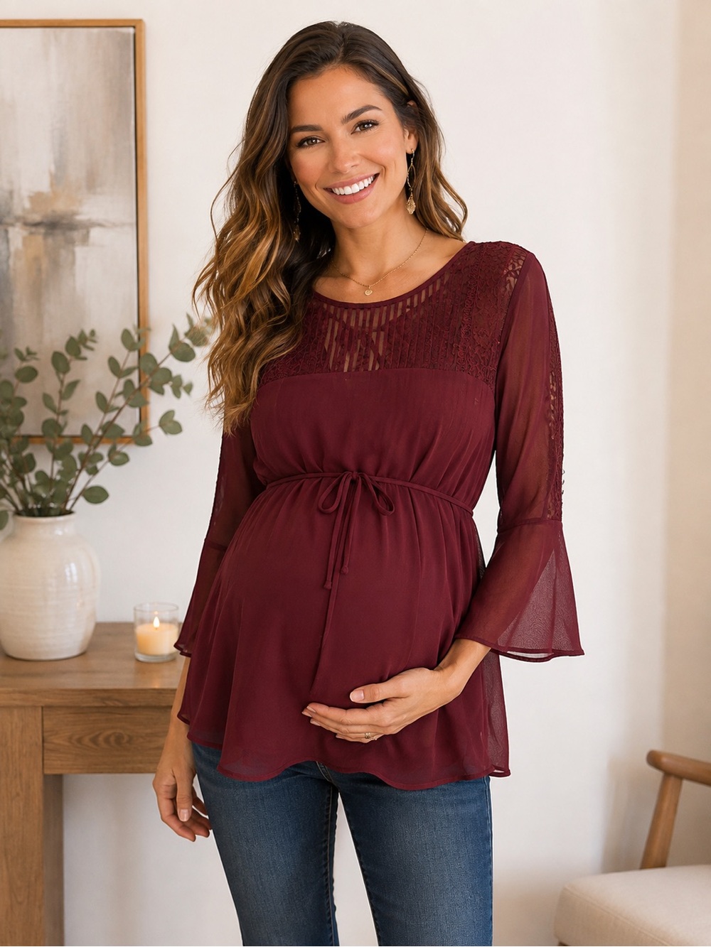 Jessica Simpson Maternity Blouse | Size XL | Burgundy Lace Tie-Waist Top